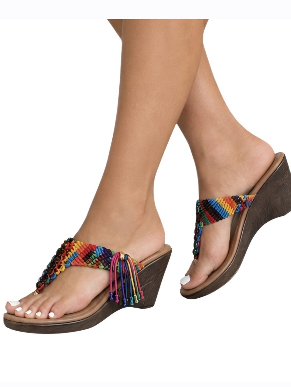Laura R Handwoven Rainbow Macramé Wedge Sandals Size 5 Adjustable Boho Like New